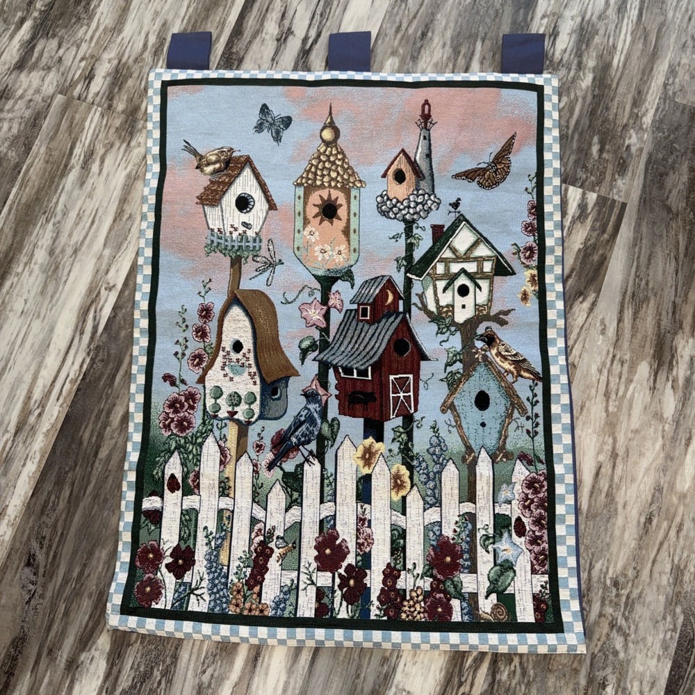 Tapestry Wall Hanging Bird Houses Home Birds Flowers Butterfly 34X25 In + Loops